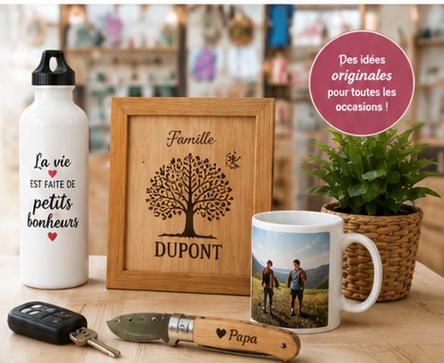 Gourde, cadre, mug et couteau personnalisés